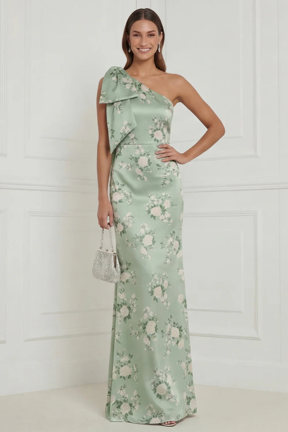 Sage Green One Shoulder Sheath Floral Long Bridesmaid Dress with Bow
