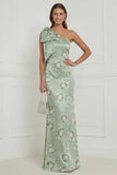 Sage Green One Shoulder Sheath Floral Long Bridesmaid Dress with Bow