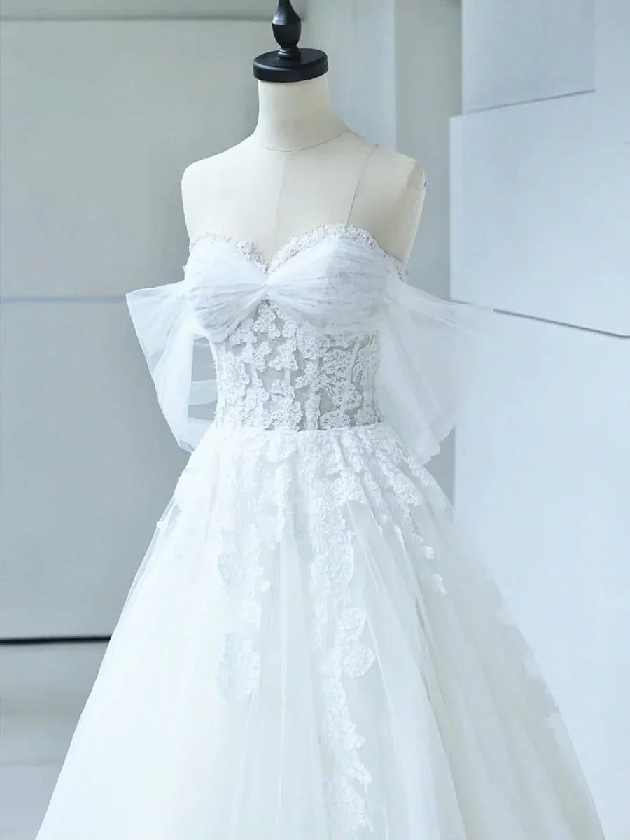 Off the Shoulder White Lace Appliques Sleeveless Lace Up Wedding Dresses