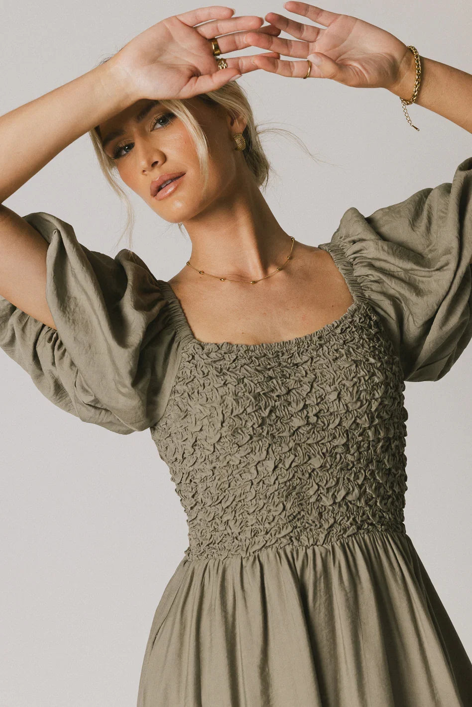Janie Smocked Midi Dress in Olive FINAL SALE