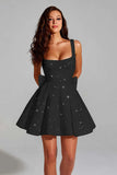Sparkly Black A Line Square Neck Homecoming Dress with Bow