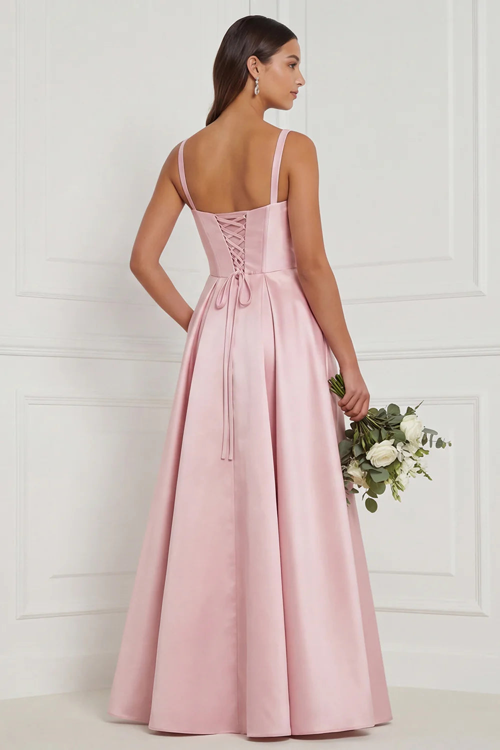 Lilac A Line Corset Satin Square Neck Long Bridesmaid Dress