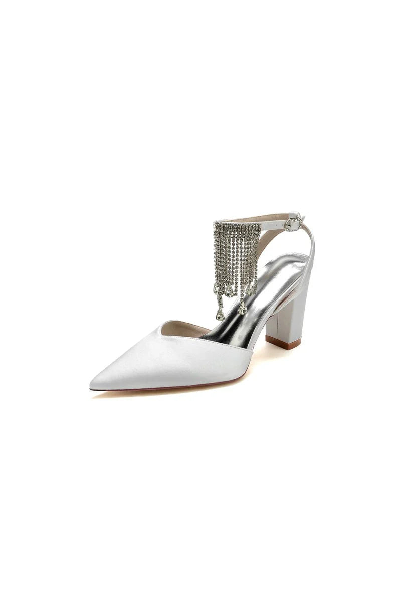 Pointed Toe Beading Tassel Satin Chunky Heels