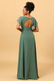Eucalyptus A Line V Neck Ruched Long Chiffon Bridesmaid Dress with Slit