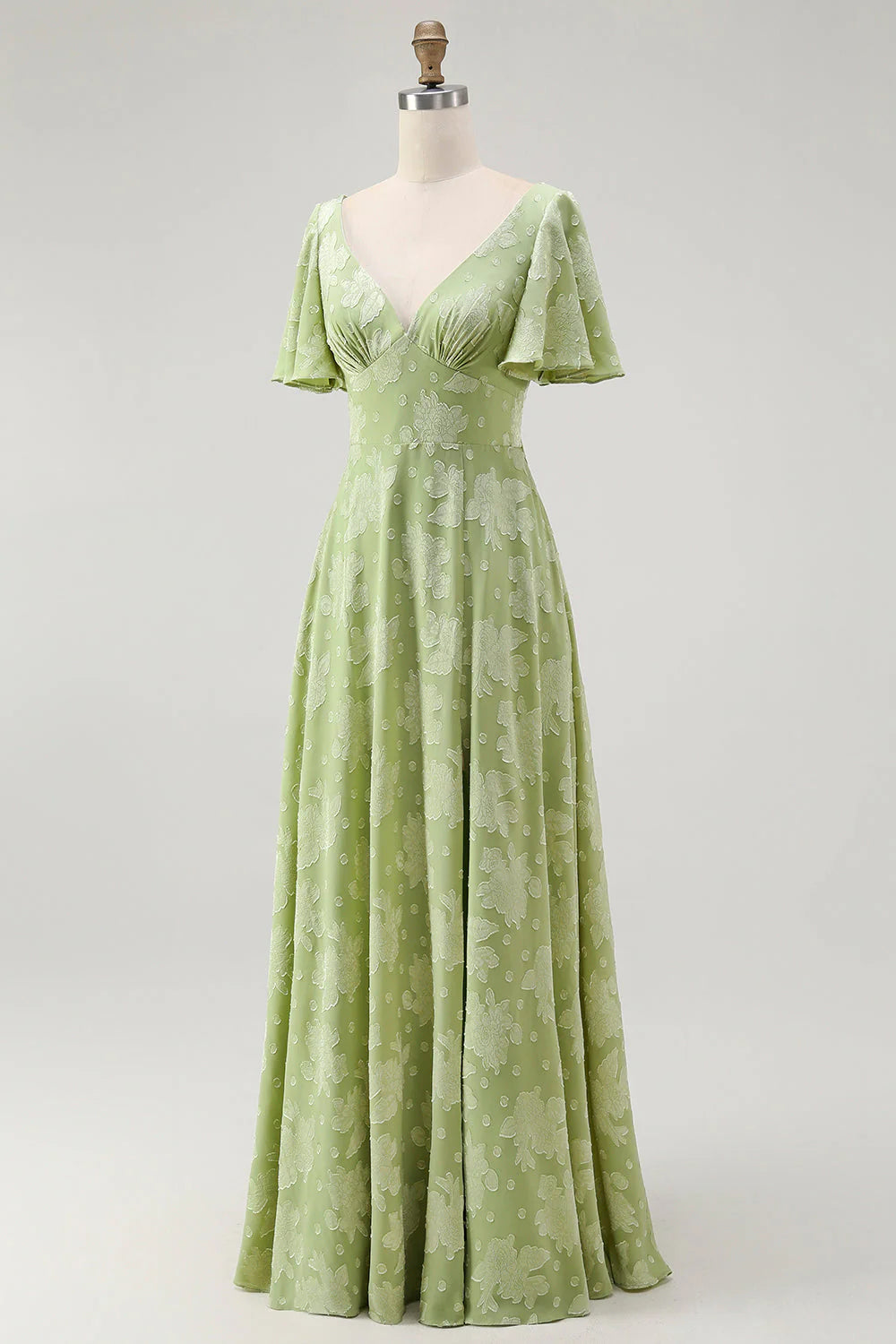 A Line Sage Green Floral Jacquard Flutter Sleeves Maxi Dress with Bow Back