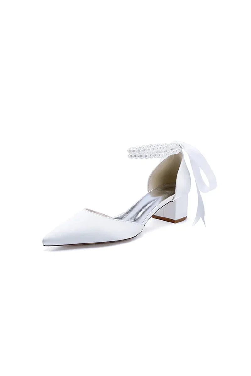 Pointed Toe Double Pearl Ankle Strap Party Shoes With Ribbon Tie