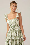 Green Flower A Line Printed Tiered Long Bridesmaid Dress With Slit