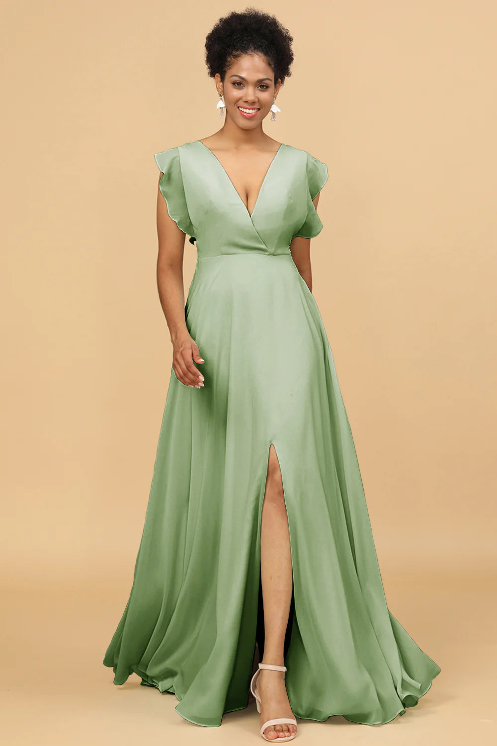 A Line V Neck Floor Length Chiffon Bridesmaid Dress with Slit