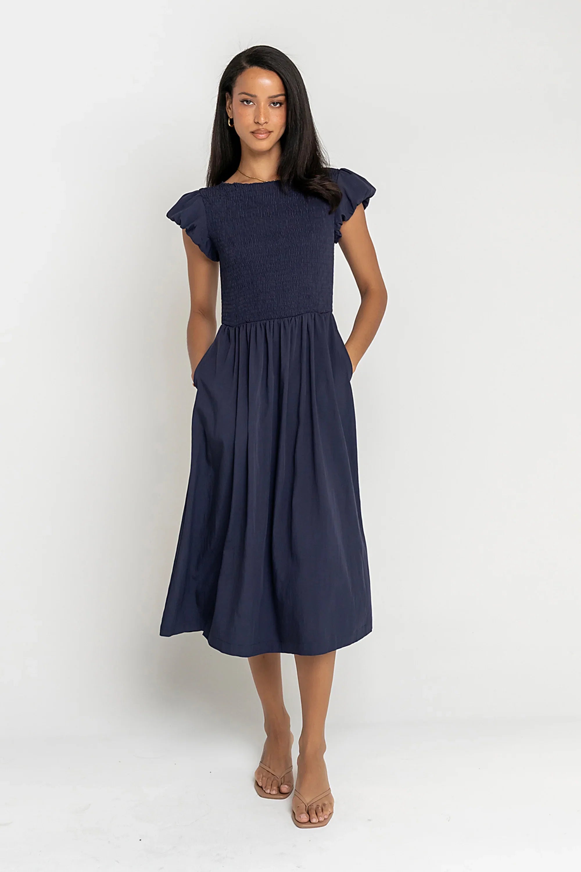 Harshell Smocked Midi Dress