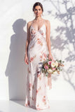 Ivory Red Flower Sheath Spaghetti Straps Long Bridesmaid Dress