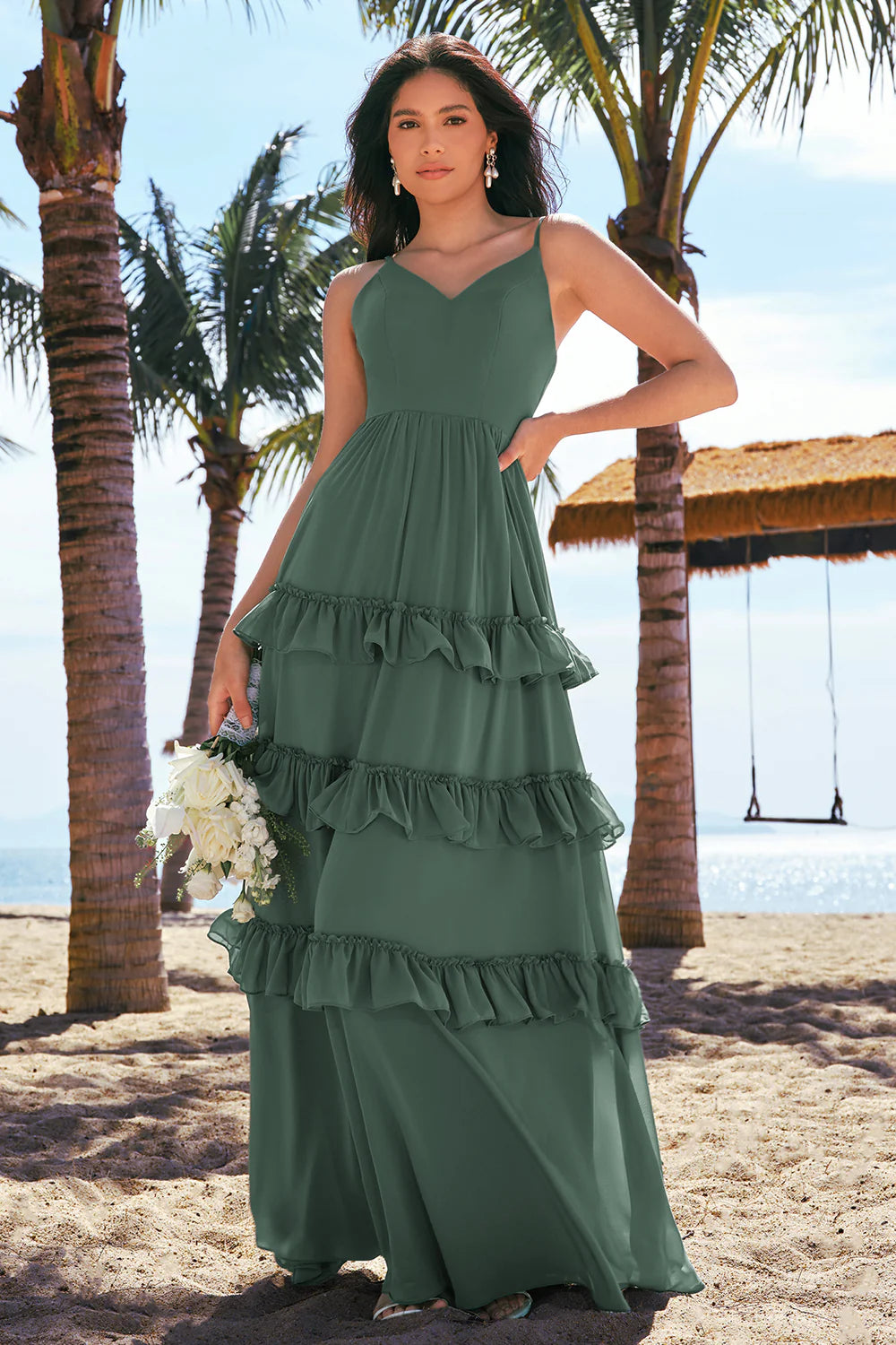 Eucalyptus A Line Spaghetti Straps Tiered Chiffon Long Bridesmaid Dress