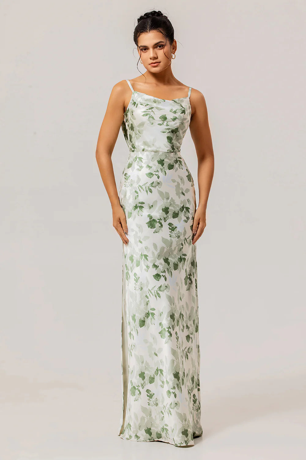 Green Flower Sheath Cowl Neck Print Open Back Long Bridesmaid Dress with Slit