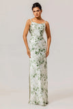 Green Flower Sheath Cowl Neck Print Open Back Long Bridesmaid Dress with Slit