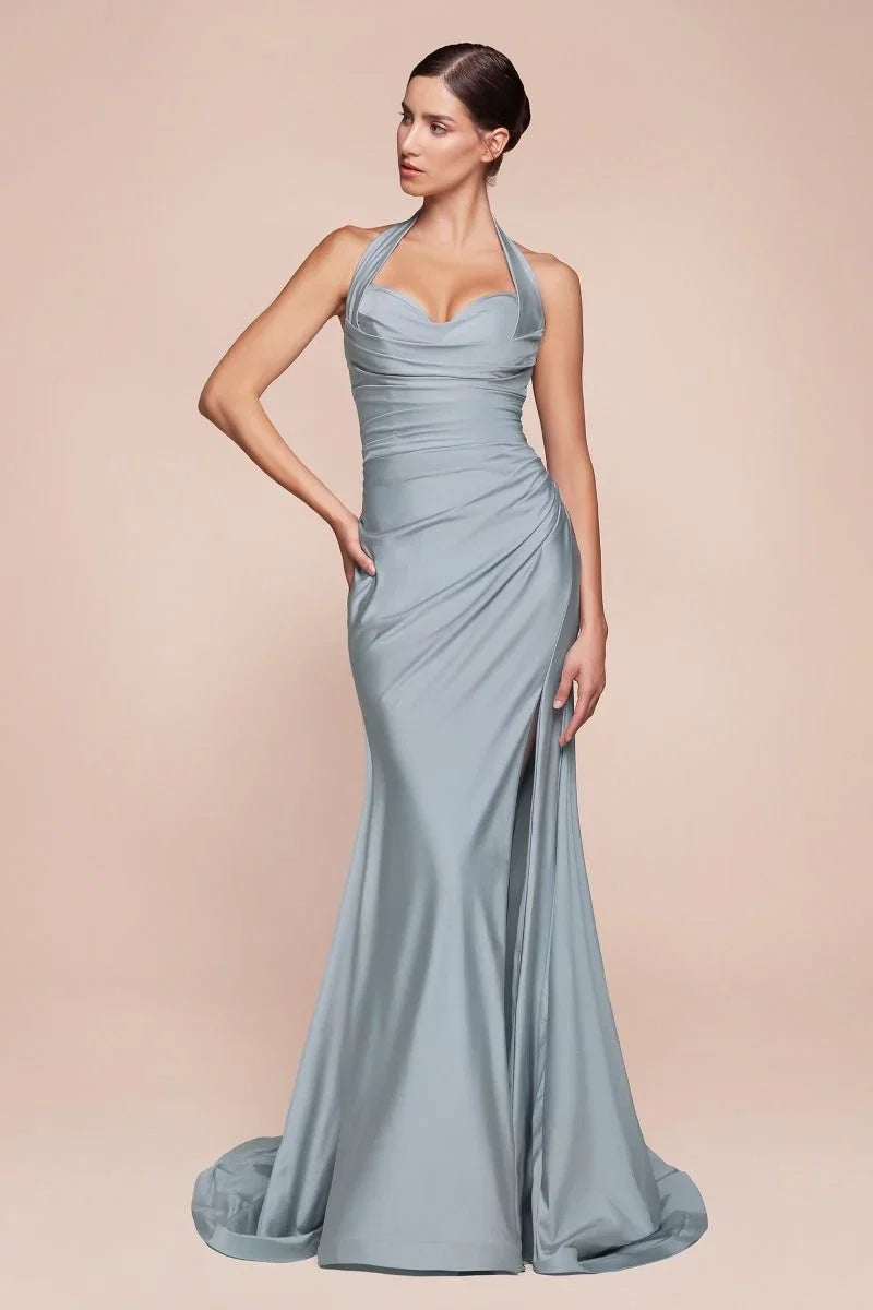 Autumn Gown Stretch Spandex Satin Halter Fitted Dress