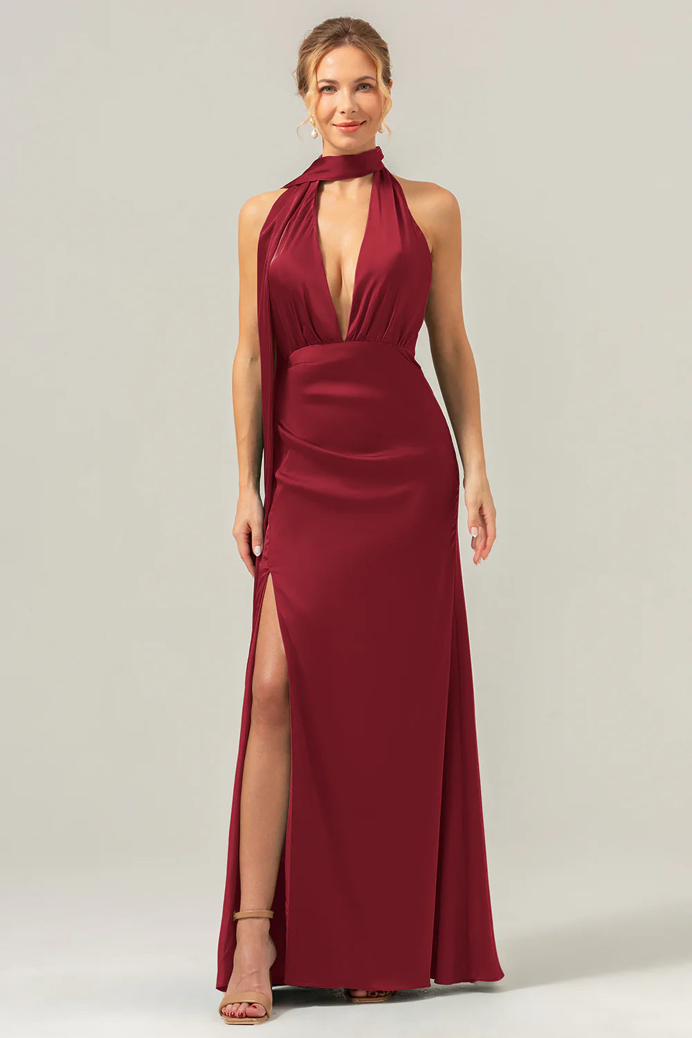Peacock Sheath Deep V Neck Open Back Convertible Long Satin Bridesmaid Dress with Streamer