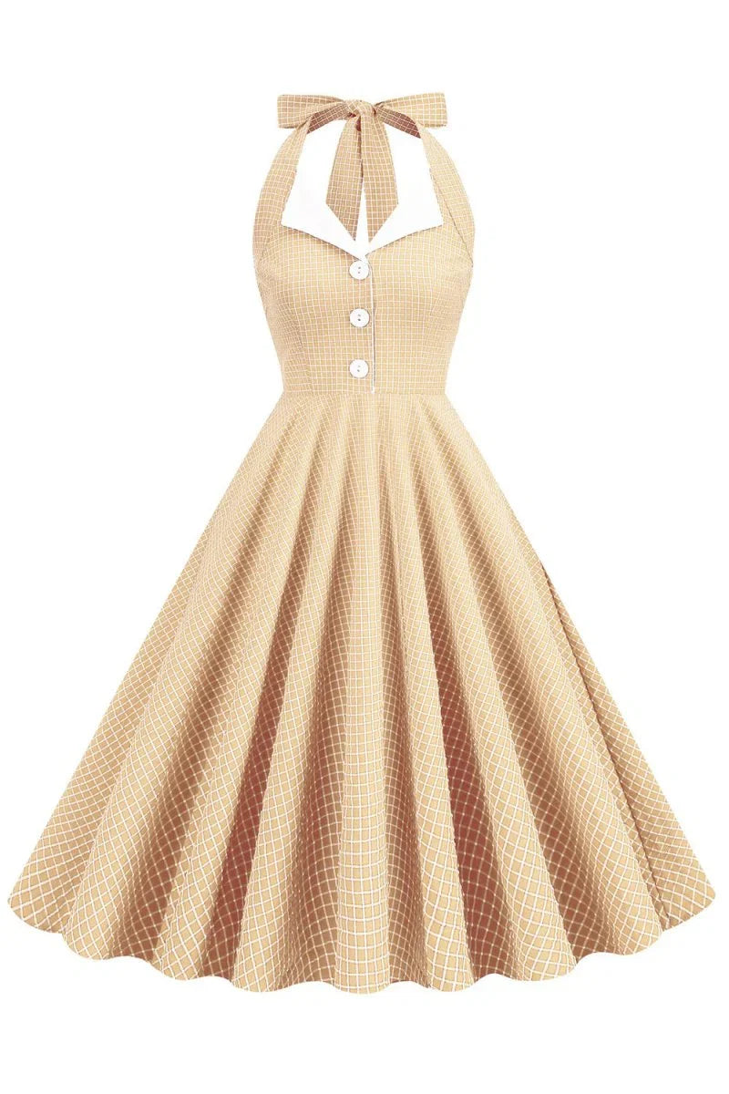 Retro Style Halter Neck Green 1950s Dress with Button