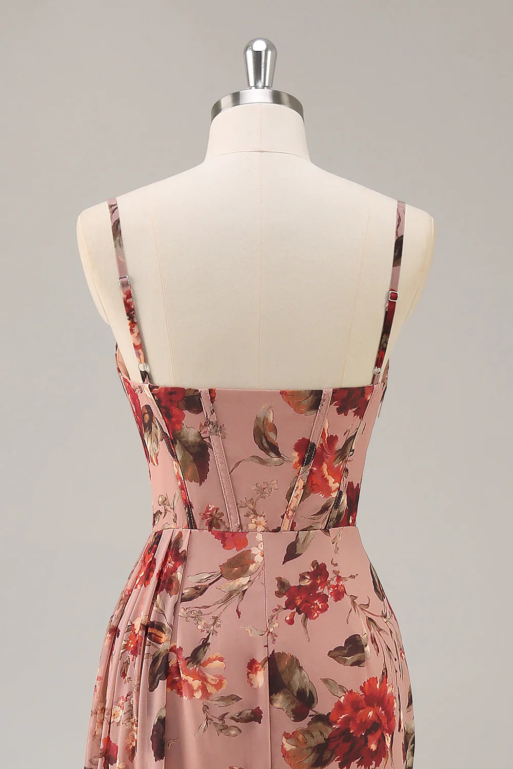Dusty Rose Flower Spaghetti Straps Corset Ruched Long Bridesmaid Dress with Slit