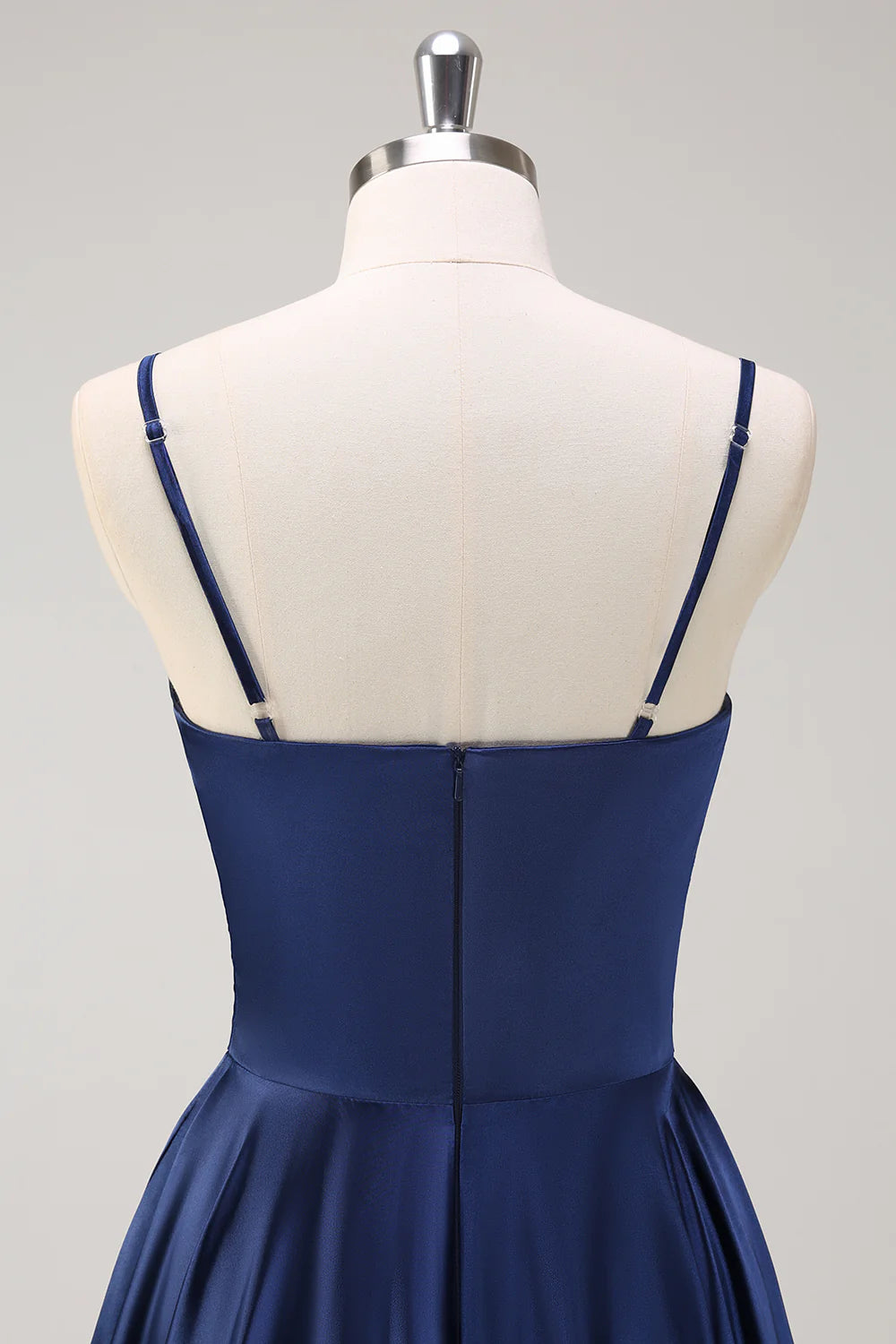 Dark Navy A Line Spaghetti Straps Pleated Midi Dress