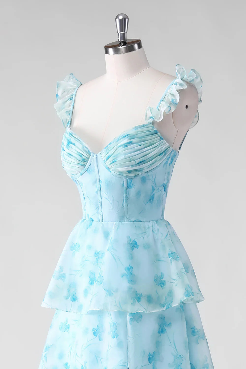 Blue Flower A Line Spaghetti Straps Tiered Floor Length Dress with Slit