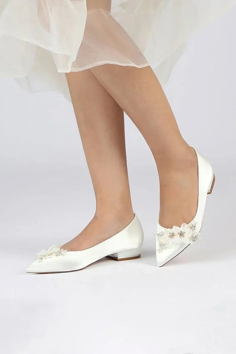 Satin Champagne Flats with Delicate Flower Embellishments