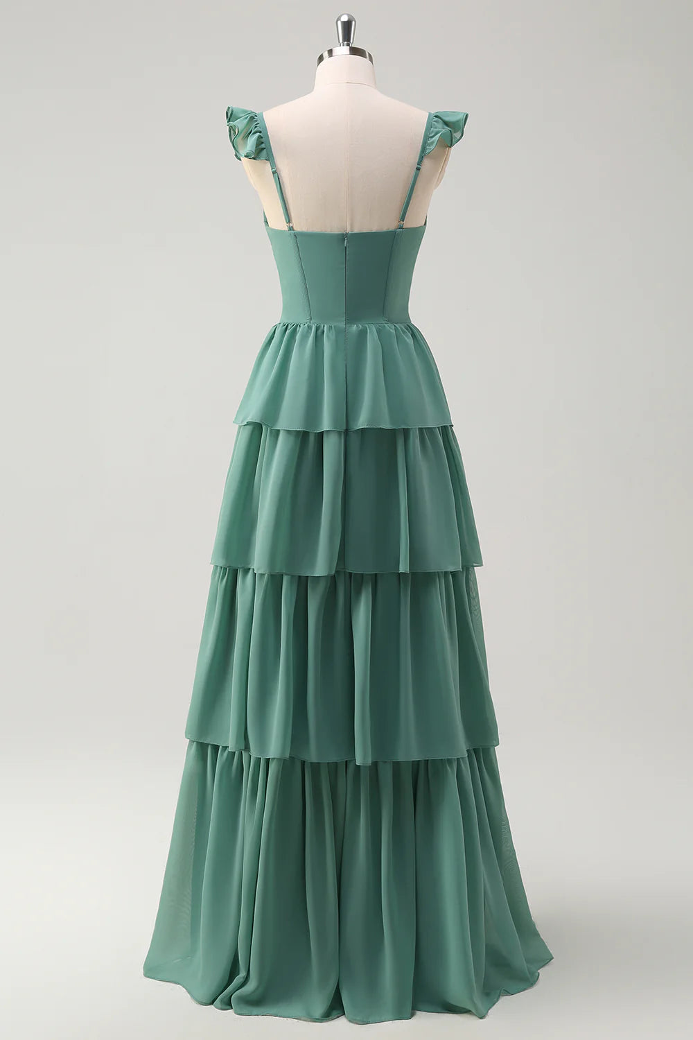 Eucalyptus A Line Tiered Ruched Corset Long Bridesmaid Dress with Slit