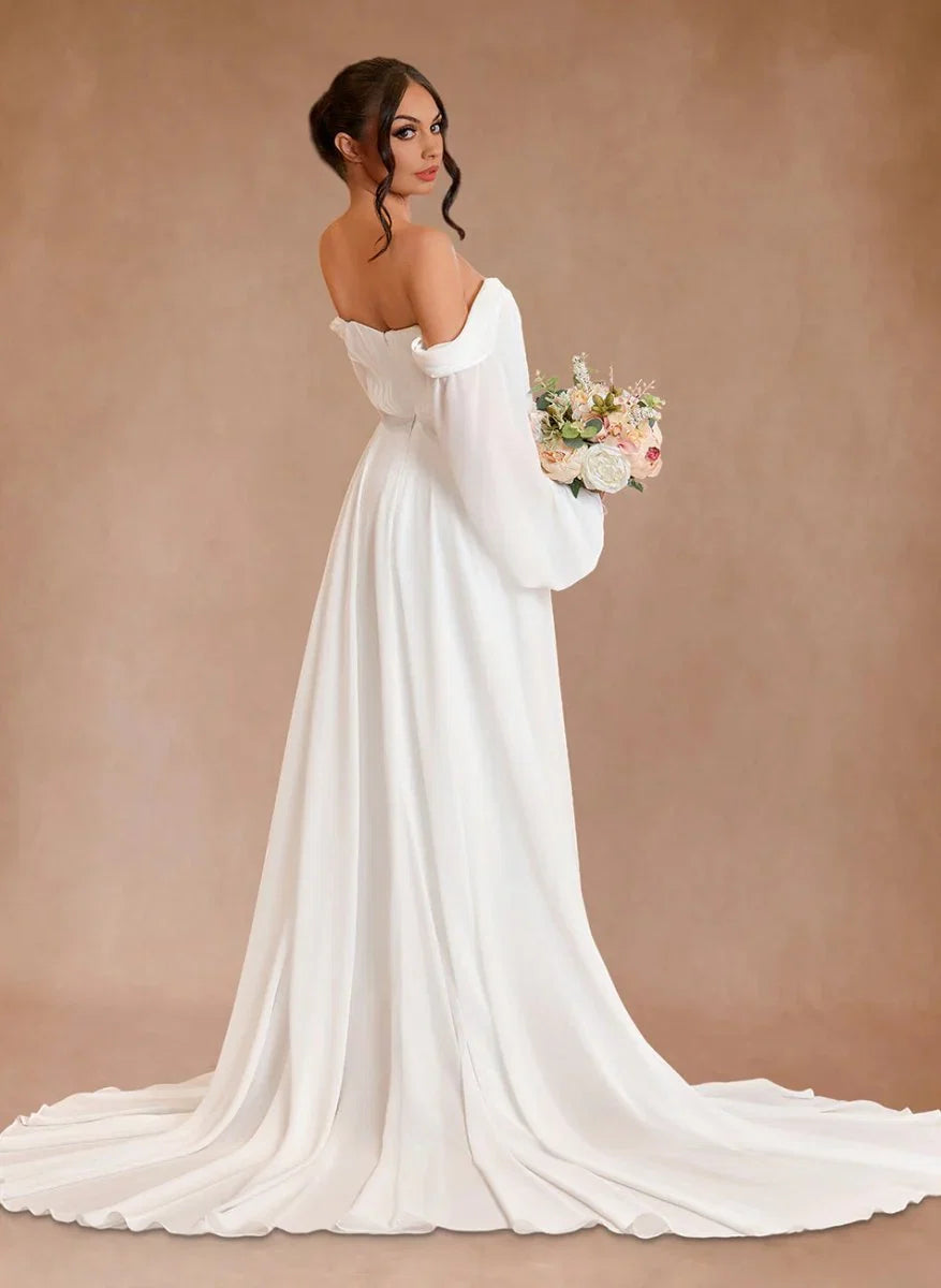 A Line Sweetheart Long Sleeves Chiffon Sweep Train Wedding Dress