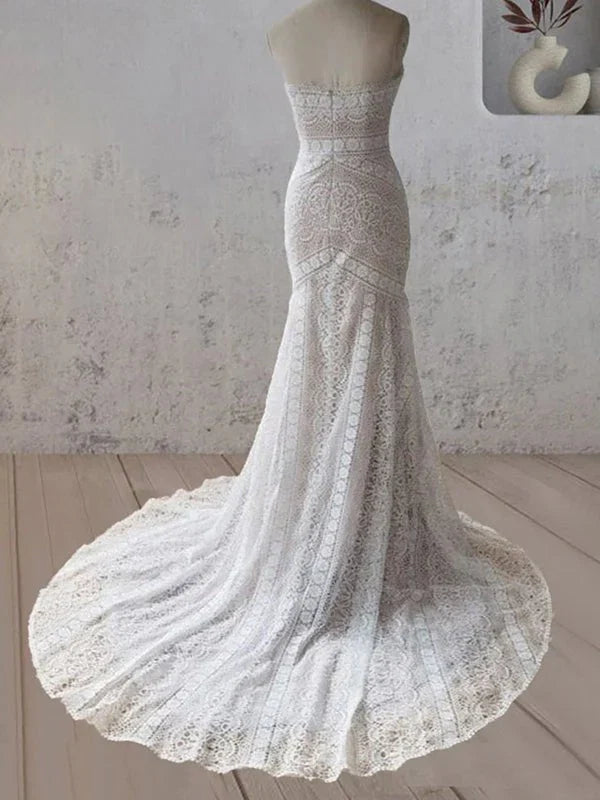 Vintage White Mermaid Lace Wedding Dress with Tassel