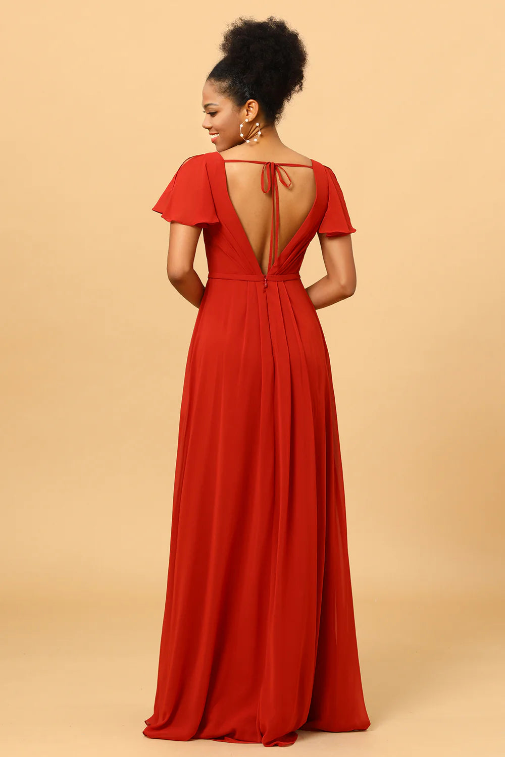 Rust Red A Line Long Chiffon Bridesmaid Dress with Slit