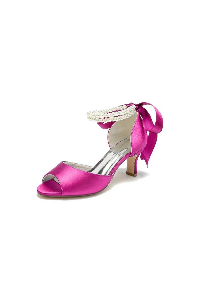 Chic White Satin Heels Featuring a Pearl Embellished Bow