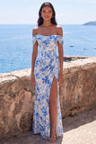 Blue Floral Off the Shoulder Wedding Guest Dress with Slit