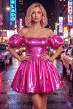 Fuchsia Metallic Off the Shoulder A Line Homecoming Dress with Puff Sleeves