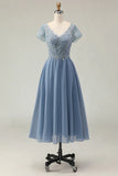 Dusty Blue A Line Appliqued V Neck Midi Mother of the Bride Dress with Capelet