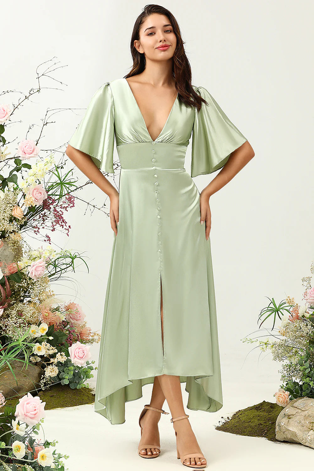 Dusty Sage A Line Deep V Neck Long Bridesmaid Dress with Half Sleeves