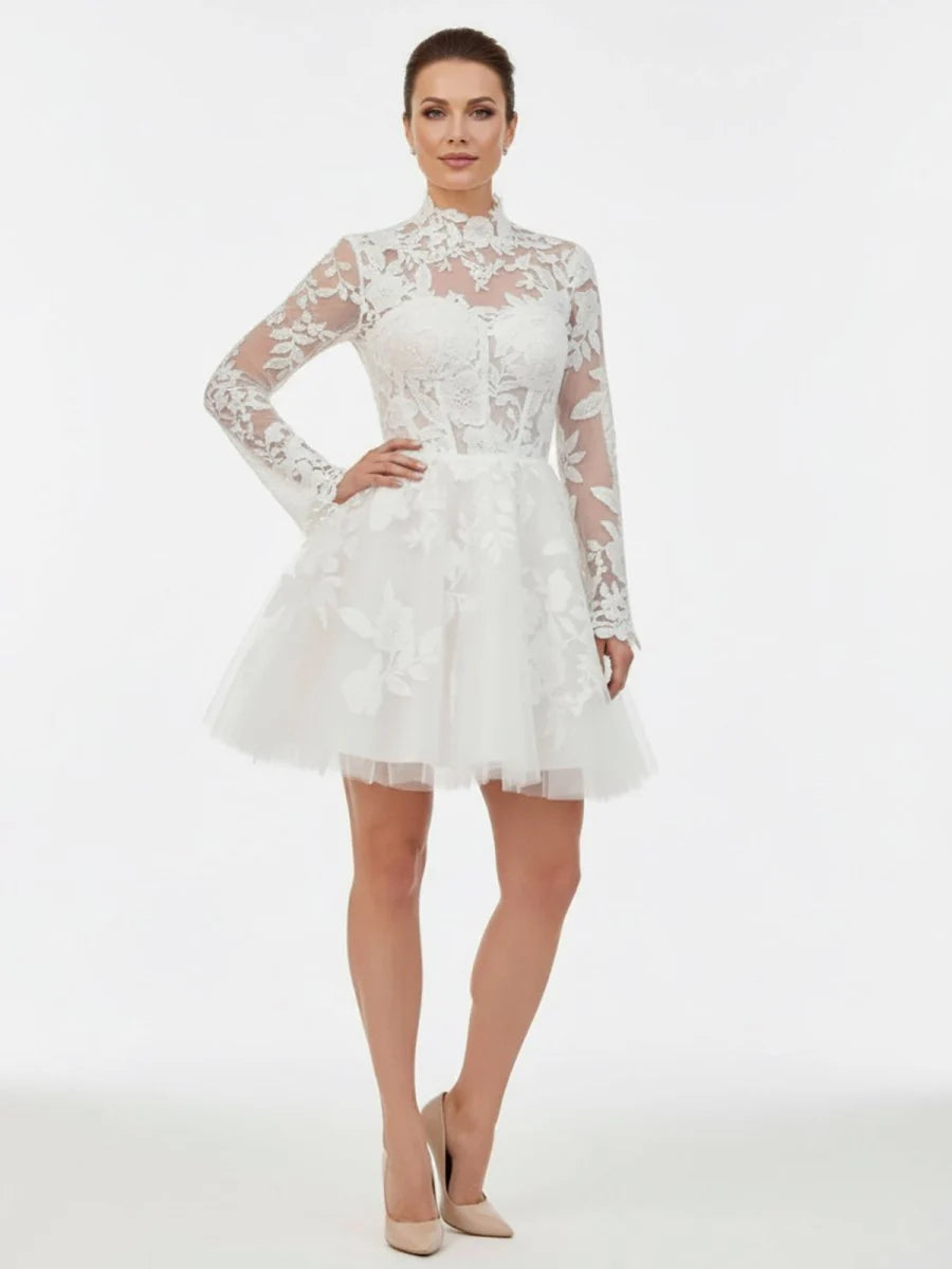 Short White A Line Illusion Neck Long Sleeves Lace Wedding Dresses