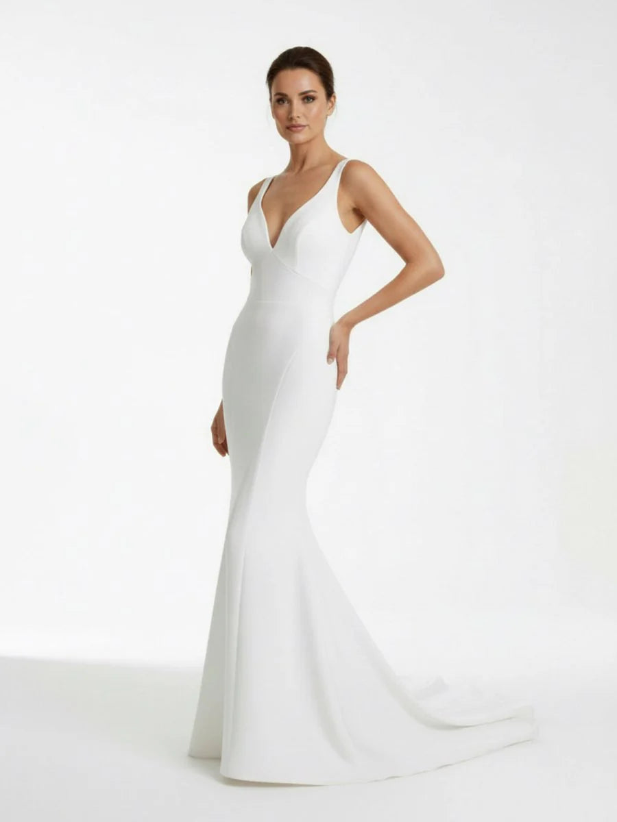 Ivory Plunge V Open Back Mermaid Long Wedding Dress