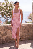 Sequin Pink Square Neck 3D Flower Midi Wedding Guest Dress with Slit