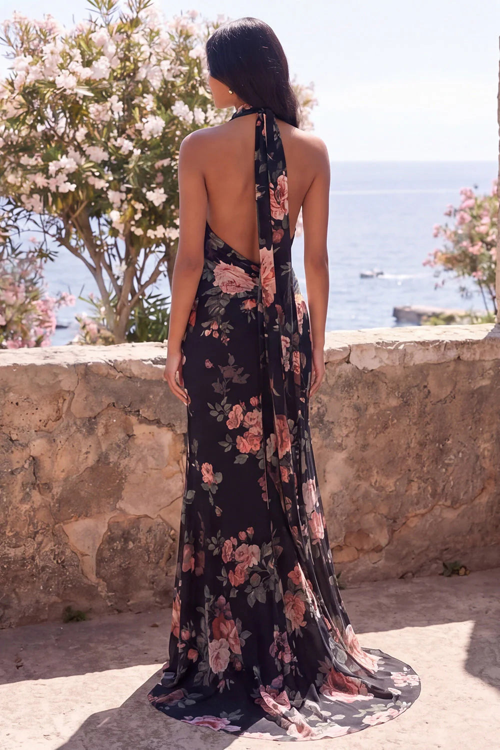 Ivory Floral Halter Maxi Wedding Guest Dress with Twist Front
