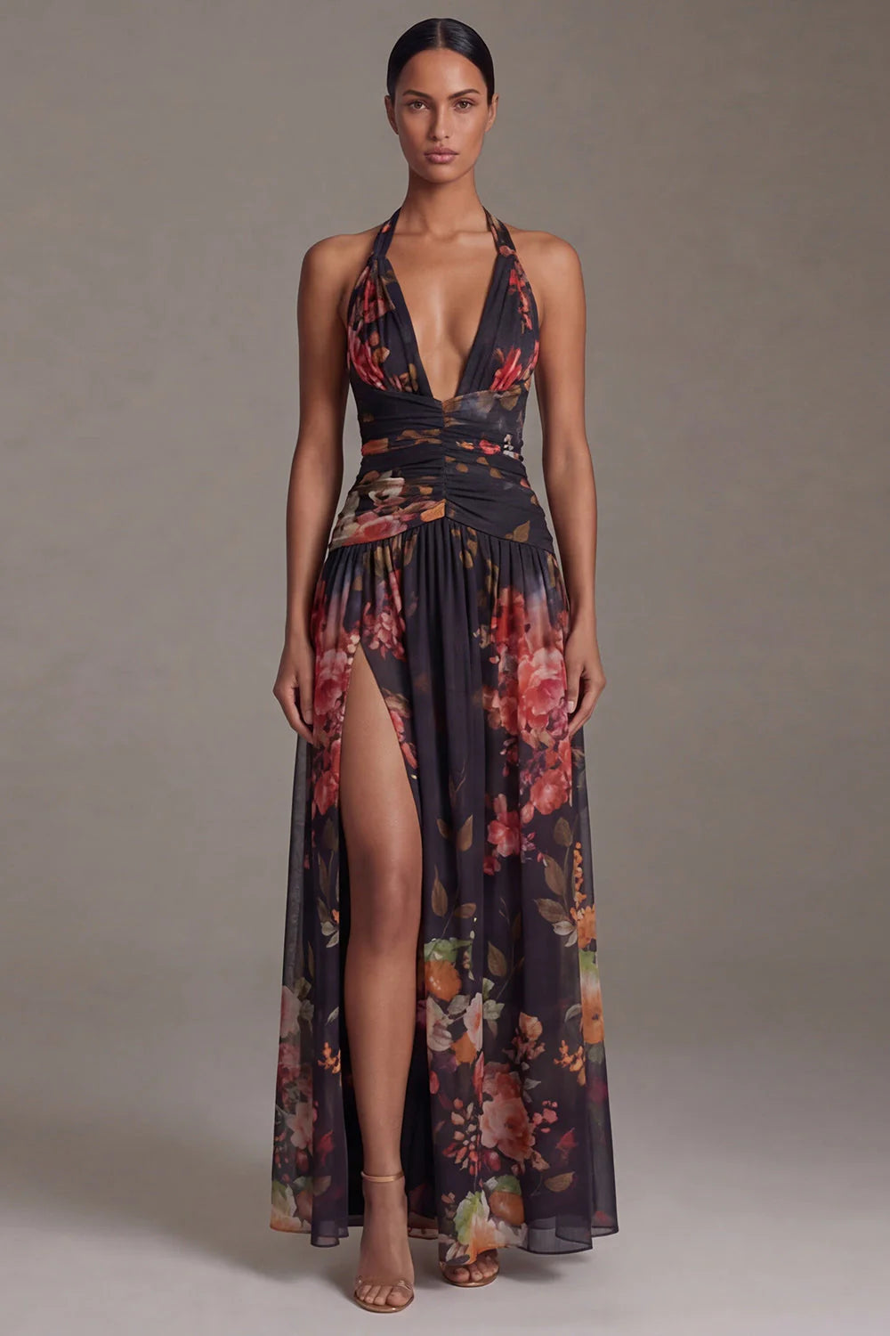 Halter Black A Line Printed Formal Dress with Slit