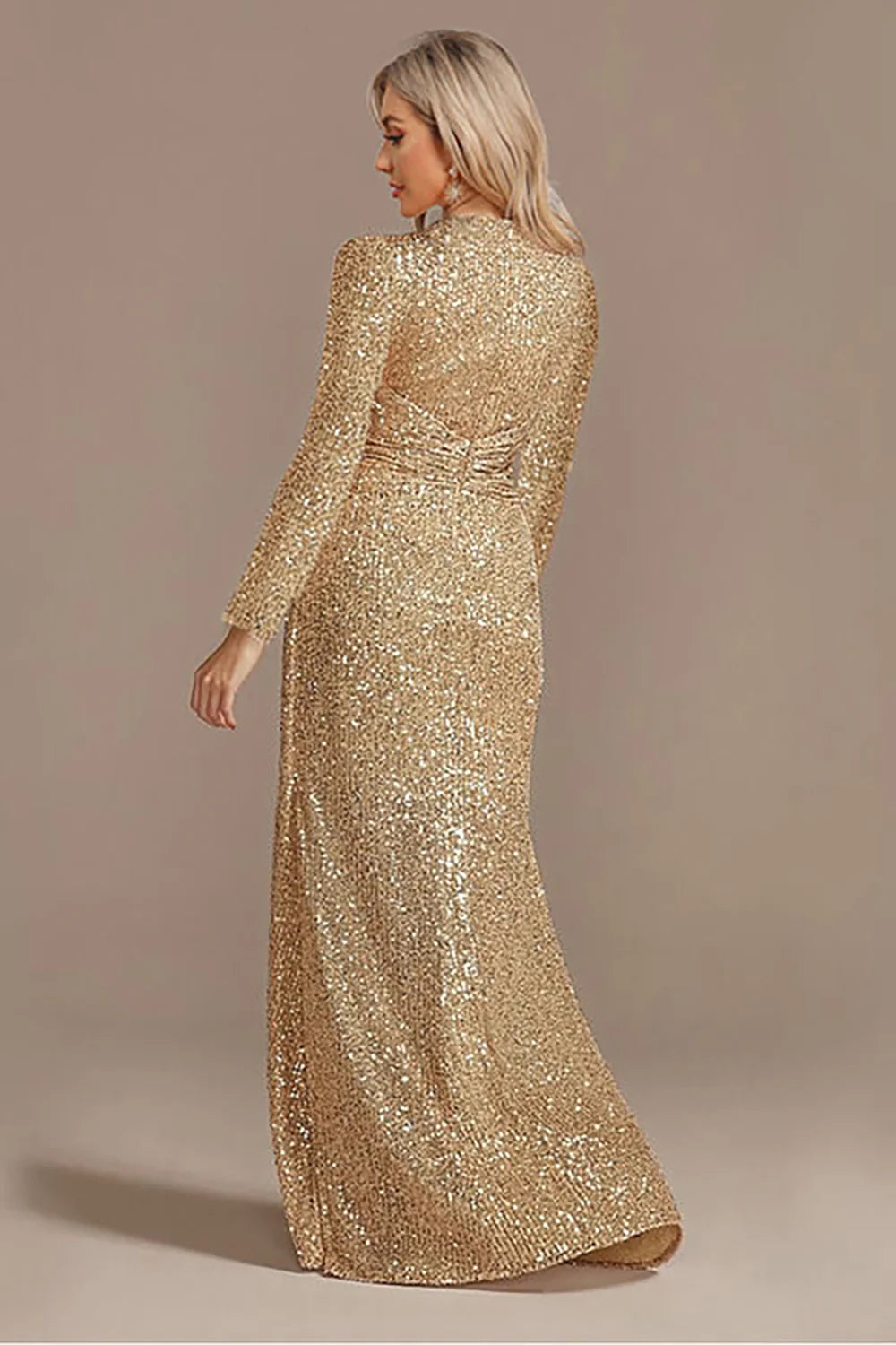 Sparkly Navy A Line V Neck Mother Of Bride Dress with Long Sleeves