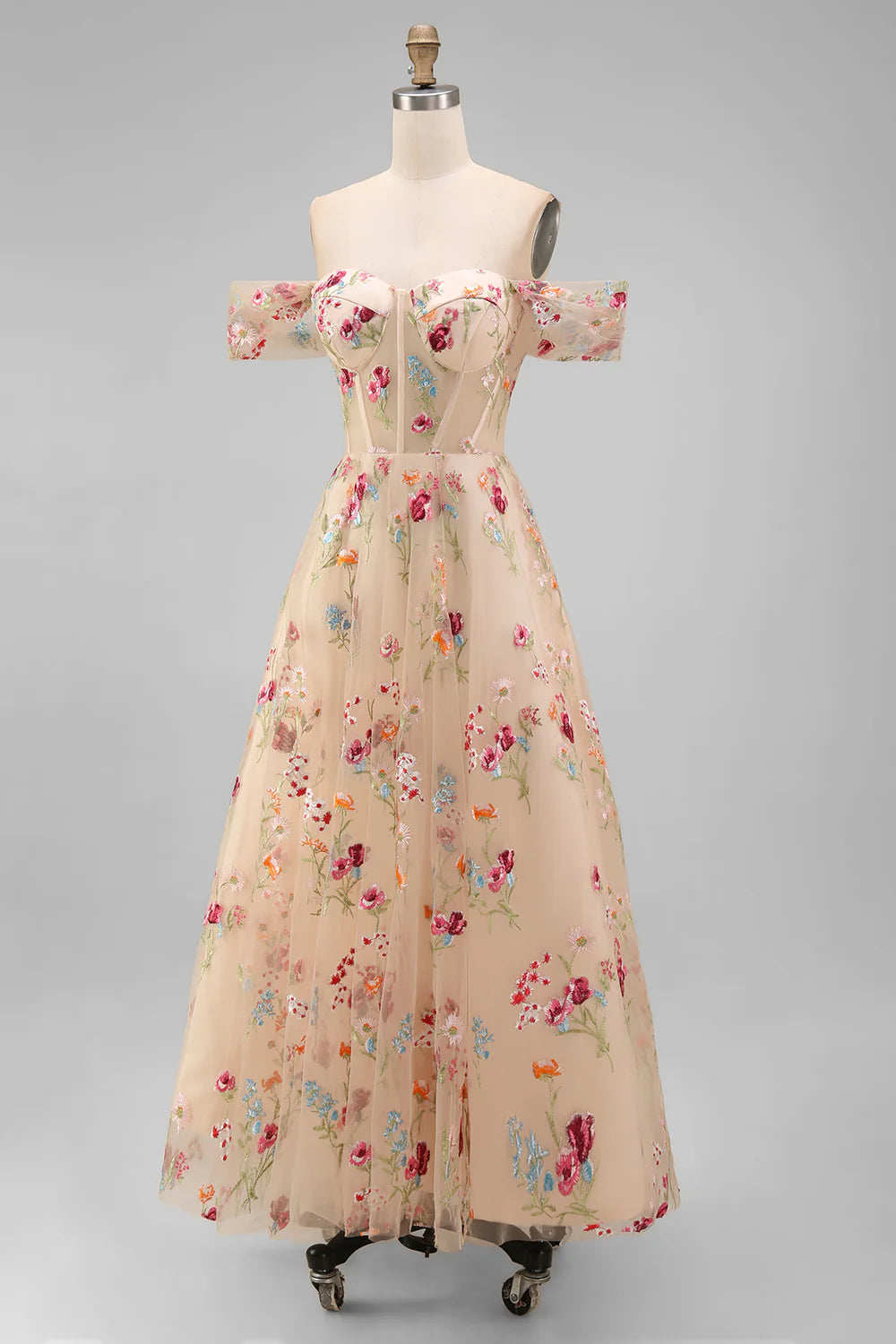 Black Off the Shoulder Floral A Line Midi Wedding Guest Dress