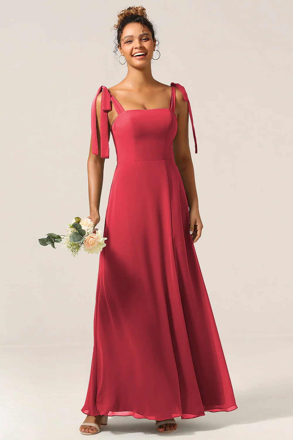 A Line Spaghetti Straps Floor Length Chiffon Bridesmaid Dress with Slit