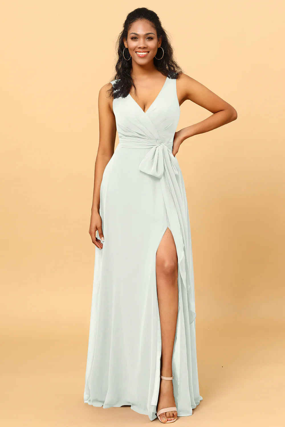 A Line V Neck Sleeveless Long Chiffon Bridesmaid Dress with Slit