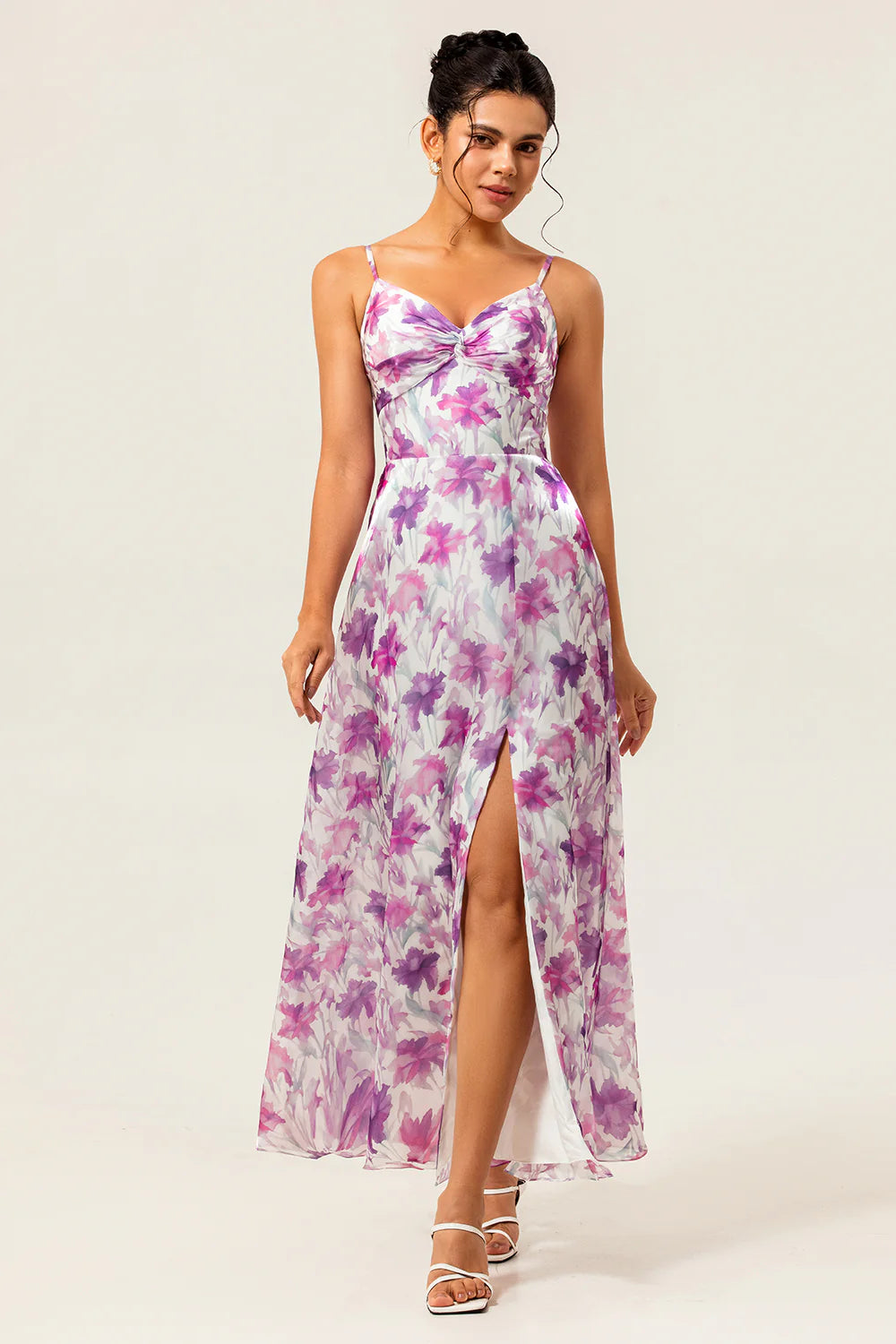 Purple Flower A Line Spaghetti Straps Front Knot Print Maxi Dress with Slit