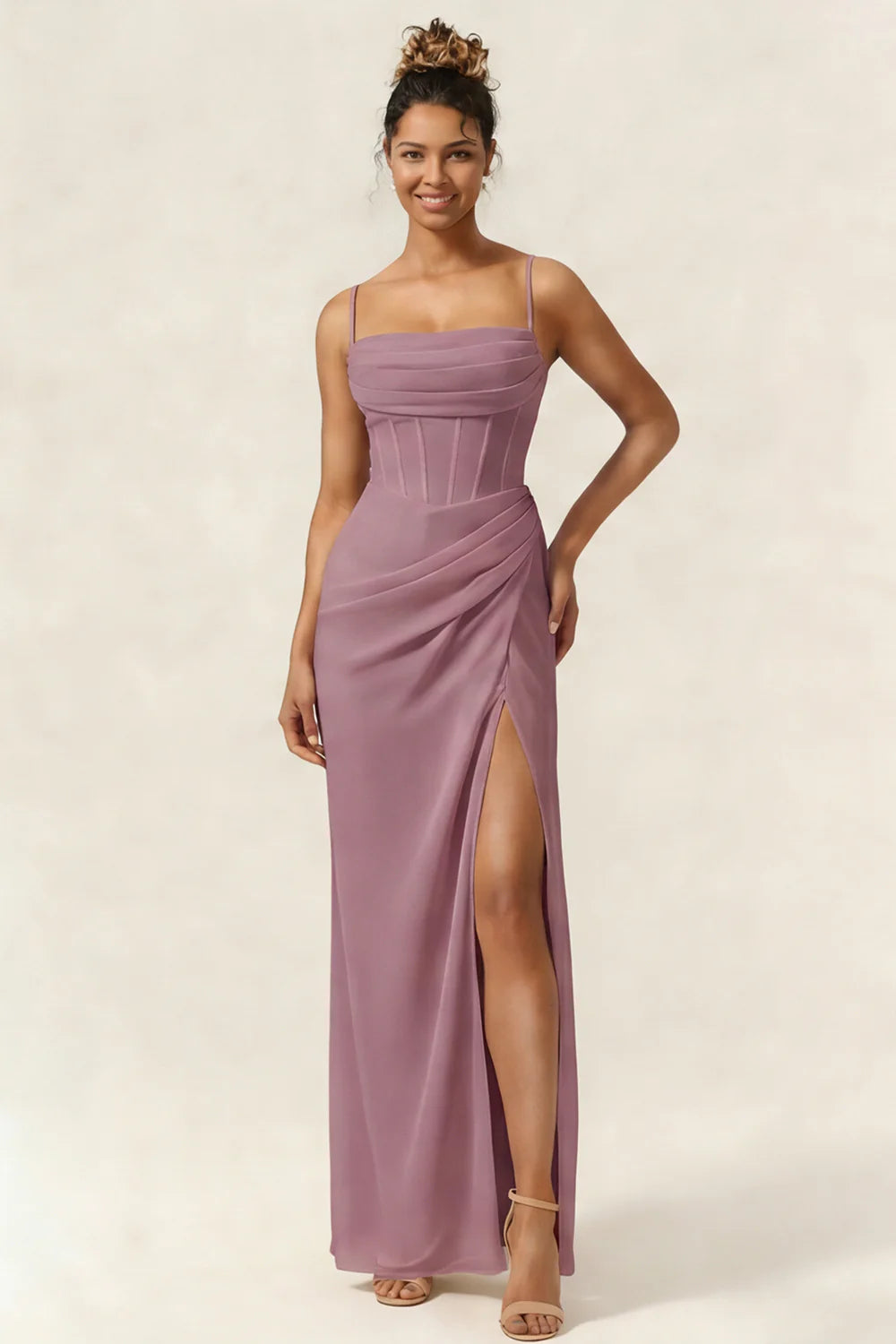 Green Flower Mermaid Corset Chiffon Long Bridesmaid Dress with Slit
