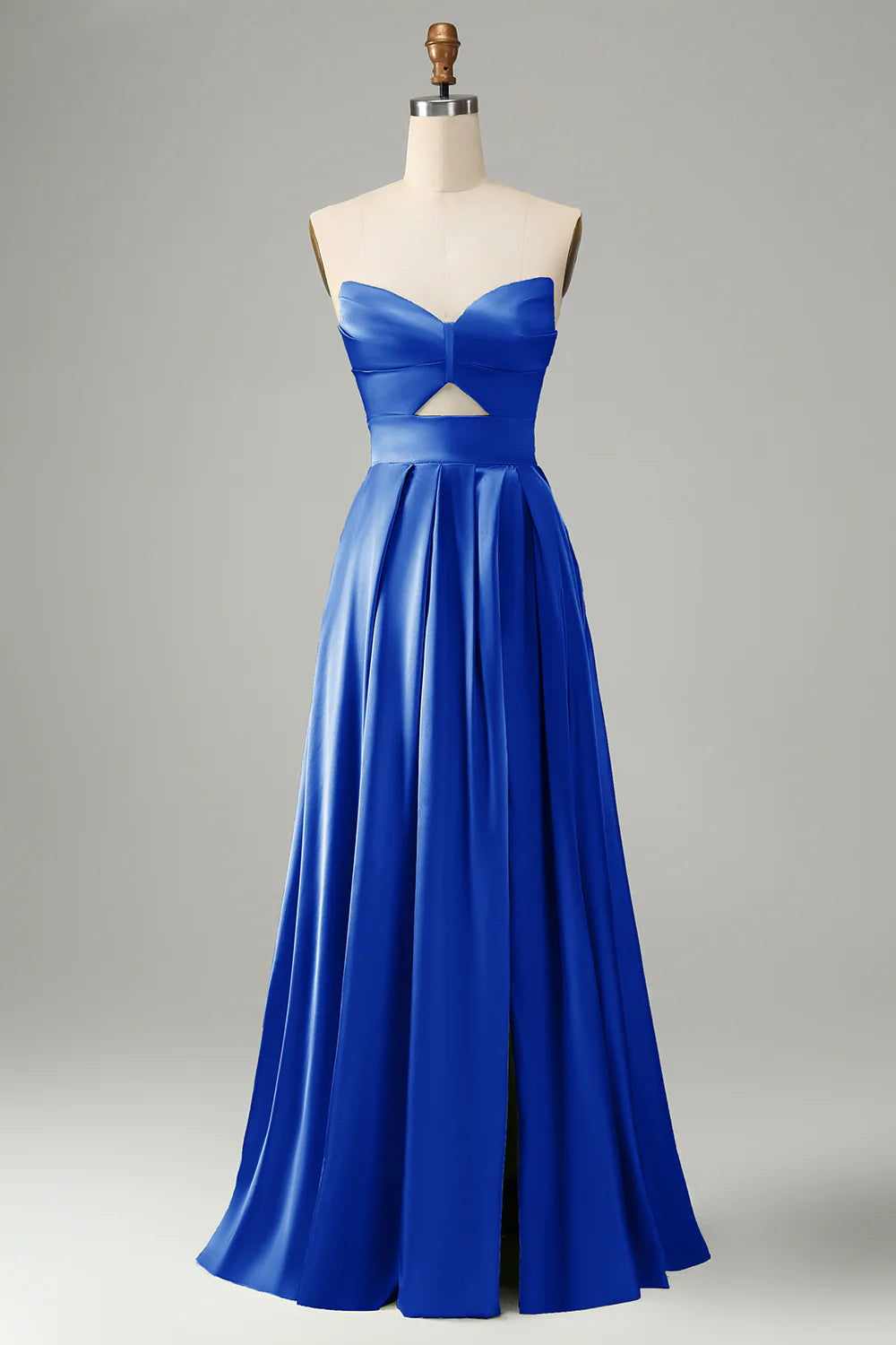 A Line Strapless Pleated Hollow Out Long Green Bridesmaid Dress With Slit