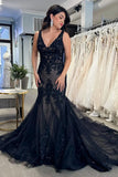 Black Tulle Appliques V Neck Trumpet Long Wedding Dress