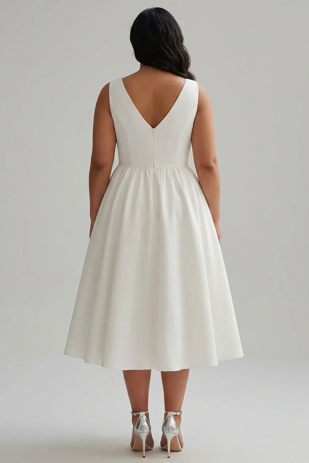 White A Line V Neck Midi Plus Size Graduation Dress with Pearls