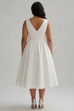 White A Line V Neck Midi Plus Size Graduation Dress with Pearls