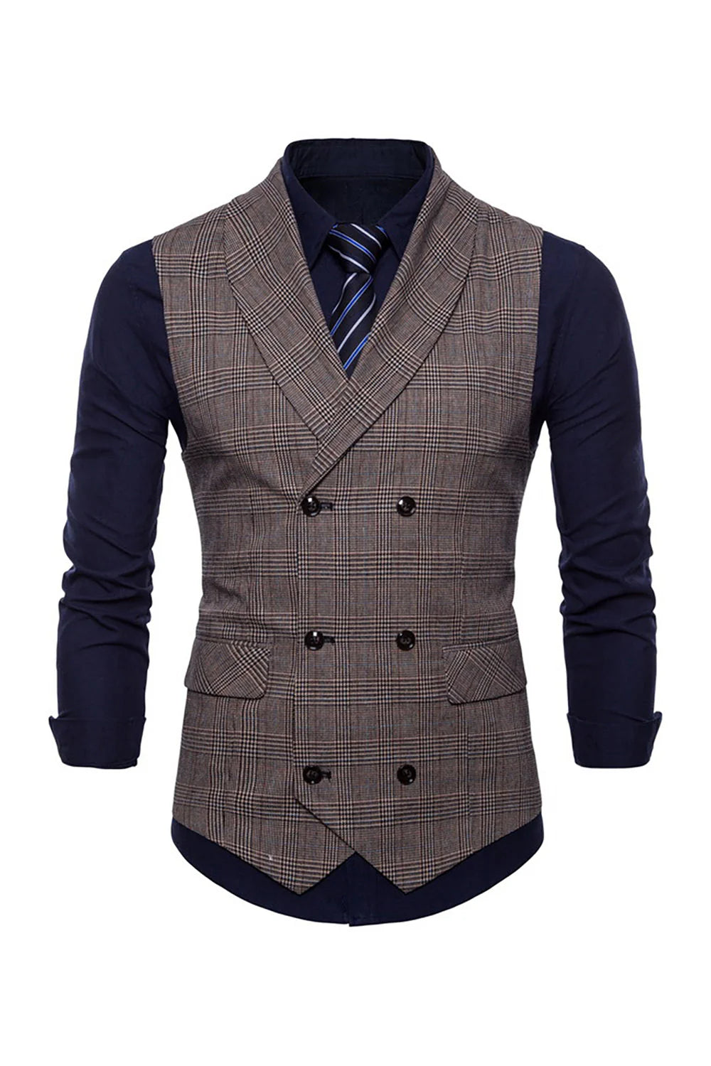 Mens Grey Pinstripe Double Breasted Shawl Lapel Suit Vest