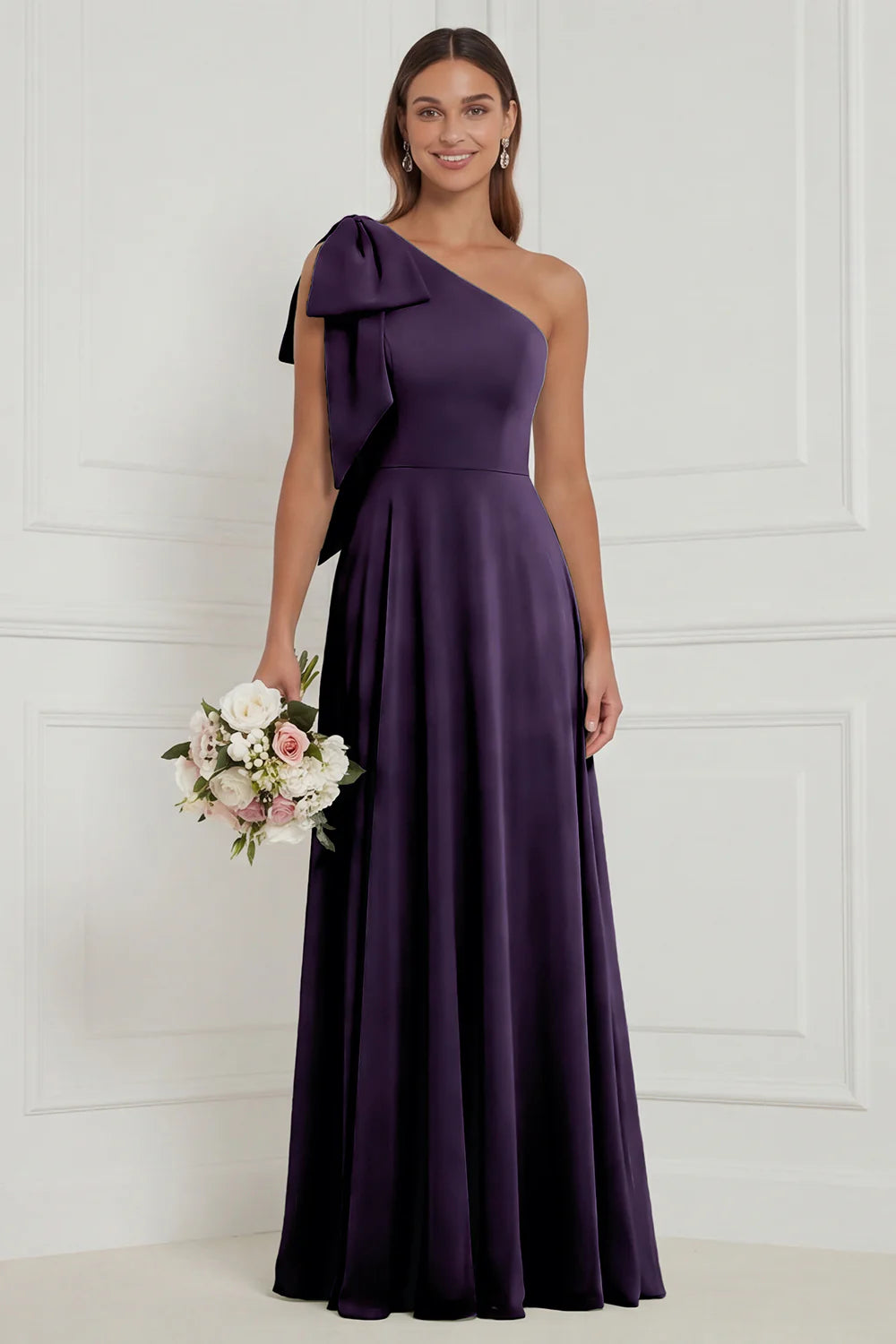 One Shoulder Bow A Line Sage Bridesmaid Dress with Lace up Back